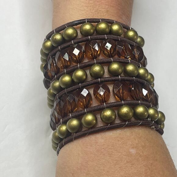 cuff bracelet Boho tribal trendy stretch amber-colored faux jewels beads trendy - Picture 1 of 9